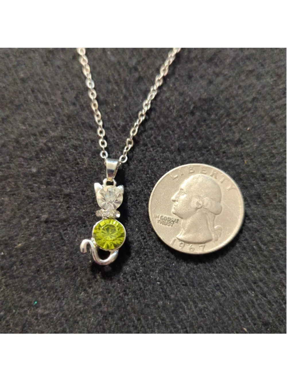 Silver Tone Clear and Green Rhinestone Cat Dainty Pendant Statement Necklace